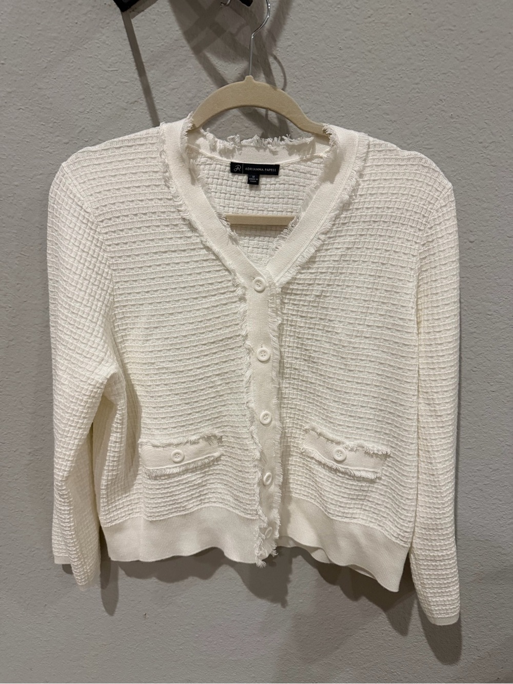 Adrianna Papell white Fringe-Trim Button Cardigan